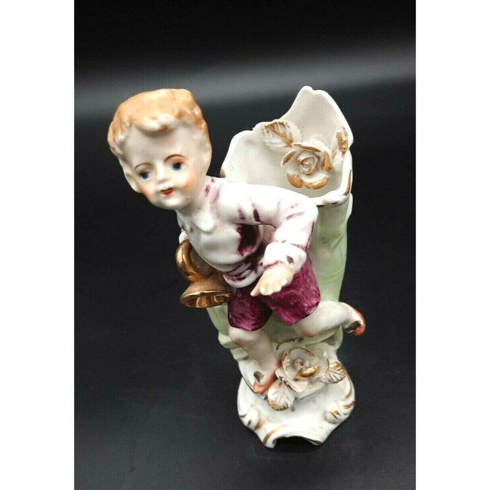 Vintage Ucagco Ceramic Japan Boy With Horn Double Vase Figurine